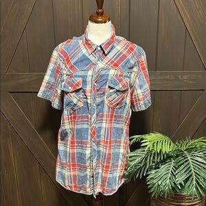 BKE Red and Blue Button Down Shirt Vibrant Plaid Design